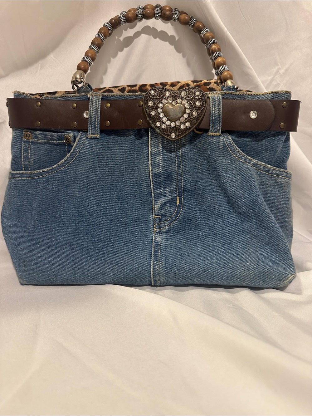 Hand Crafted Denim Shoulder Bag with Brown Belt and Beaded Handle